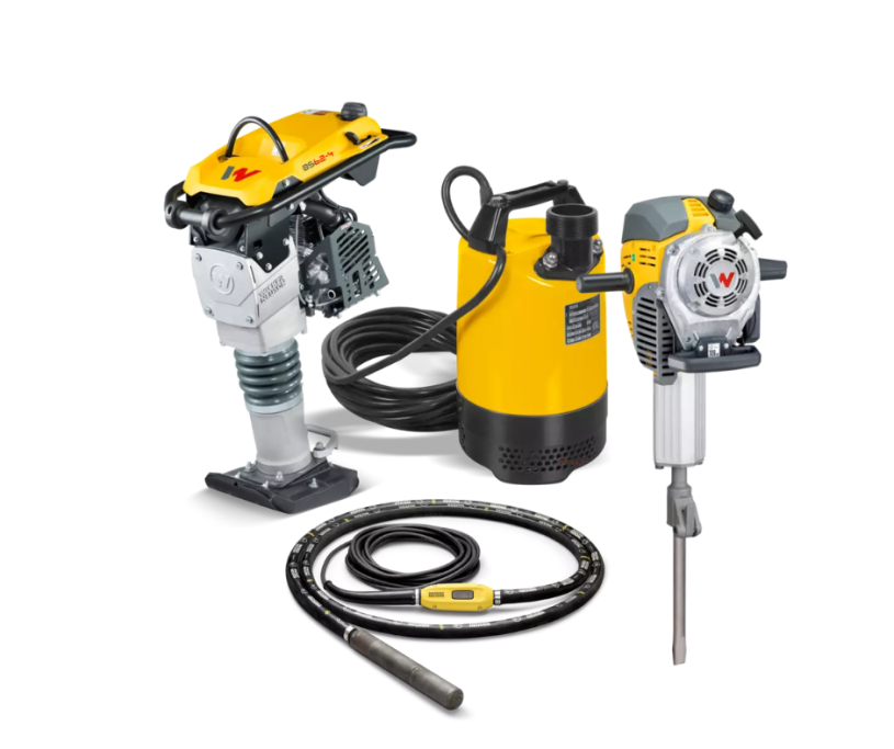 COMPACTACION Y DEMOLICION Equipo de construcción: martillo neumático, vibrador de concreto y bomba de agua.
